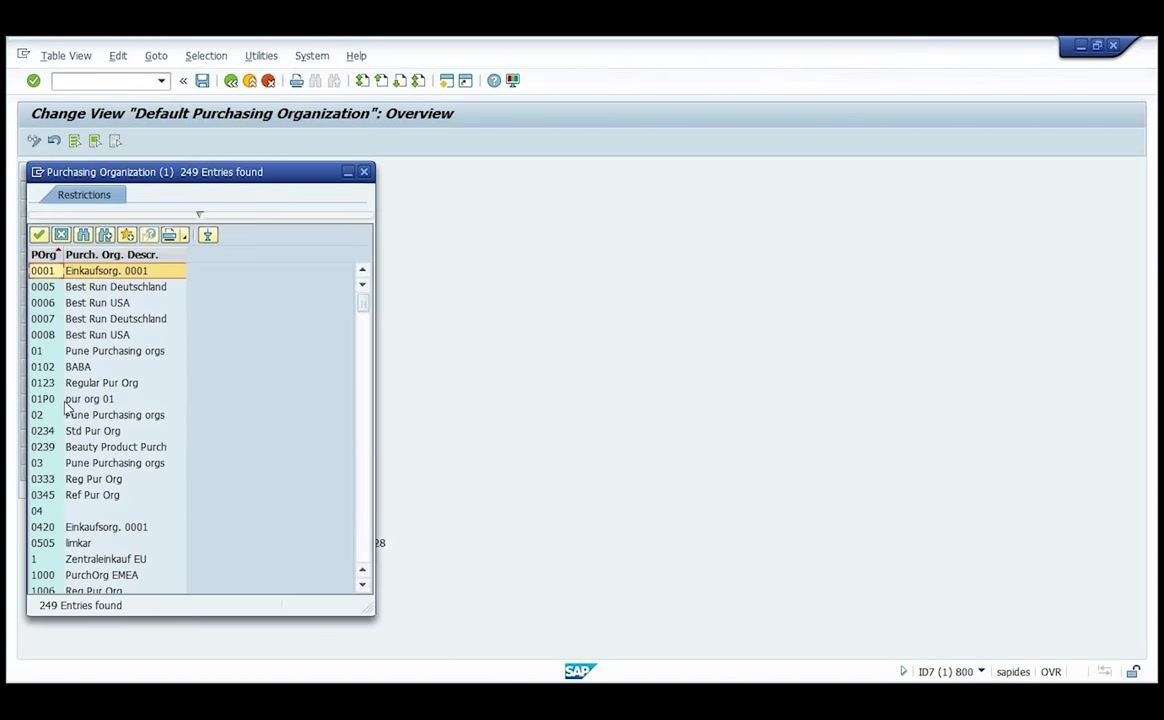 Purchasing Organization selection window with '01PO pur org 01' highlighted