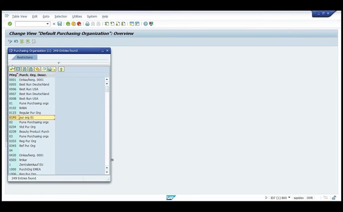 Purchasing Organization selection window with '01PO pur org 01' selected, ready to confirm
