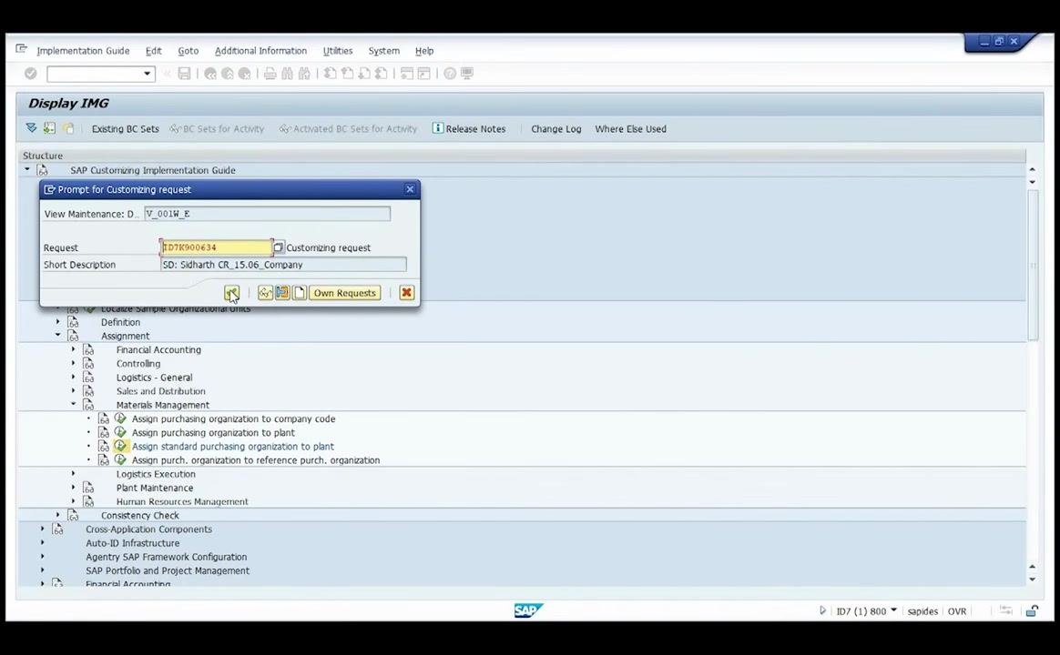 Prompt for Customizing request dialog for the default purchasing organization assignment