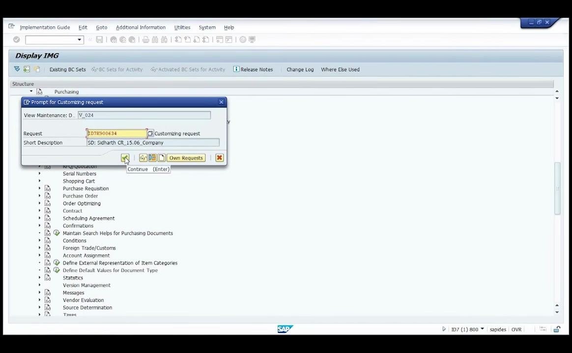 Prompt for Customizing request dialog for saving the new purchasing group
