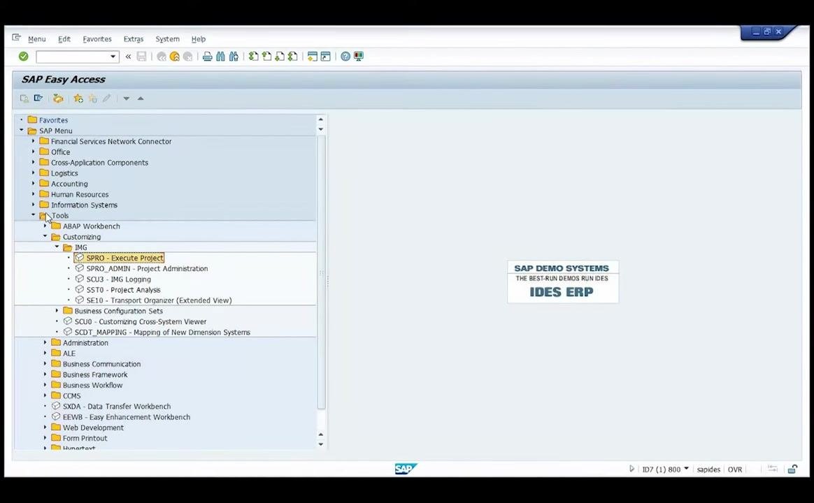 SAP Easy Access screen with Tools, Customizing, IMG, and SPRO - Execute Project highlighted
