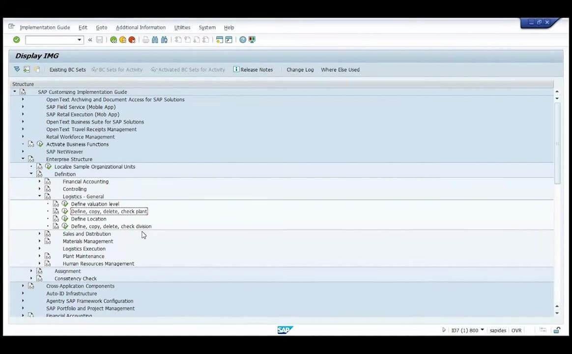 Display IMG screen with Logistics - General and Define, Copy, Delete, Check Plant highlighted
