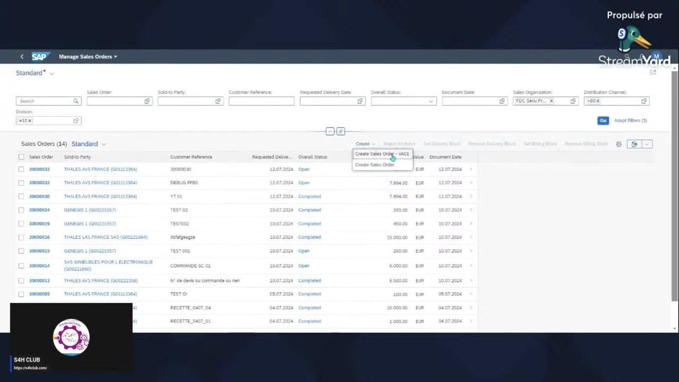 Dropdown menu under Create button with options for creating a sales order