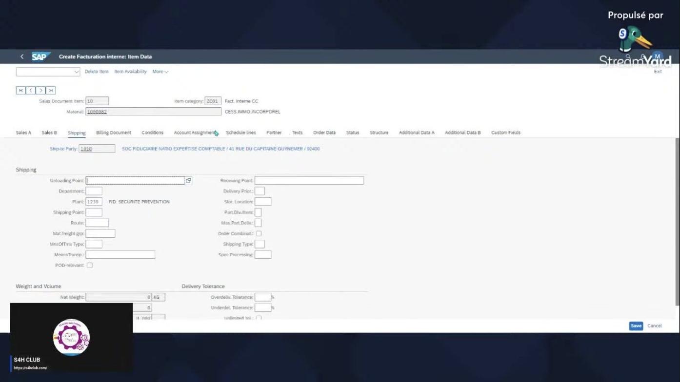 Account Assignment tab with order and profit center fields filled