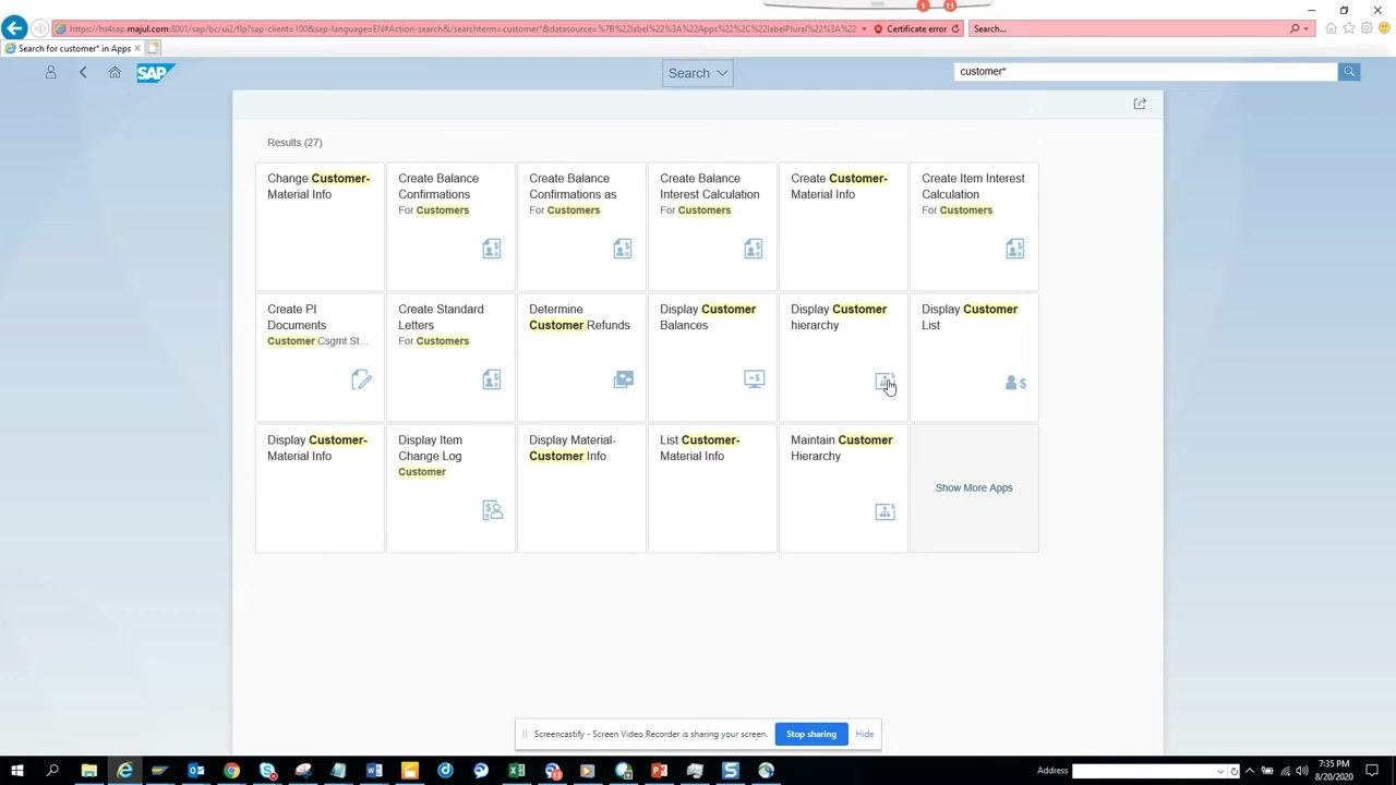 SAP Fiori Launchpad showing search results for "customer*", with various customer-related app tiles including "Display Customer Balances"