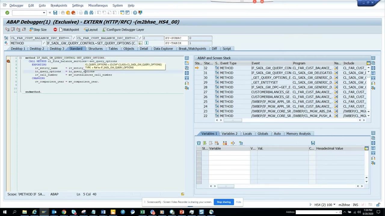 ABAP Debugger showing the IO_QUERY_OPTIONS object expanded, with MT_FILTER_RANGES and MT_FILTER_CONDITION visible and displaying filter values