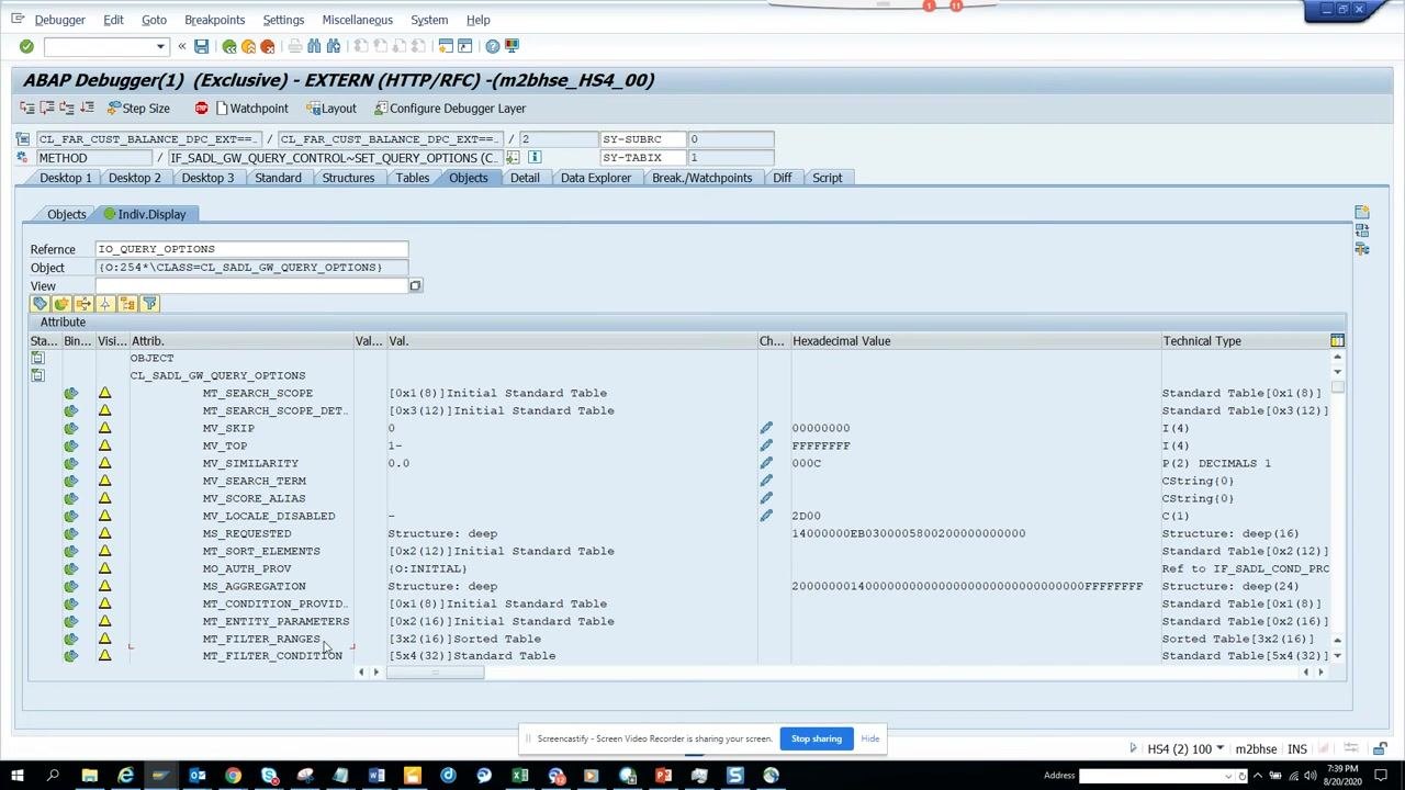 ABAP Debugger showing the method implementation and variable inspection panels in a paused state with available debugging tools