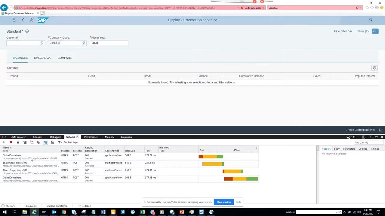 Display Customer Balances app with F12 developer tools open and the "Go" button highlighted