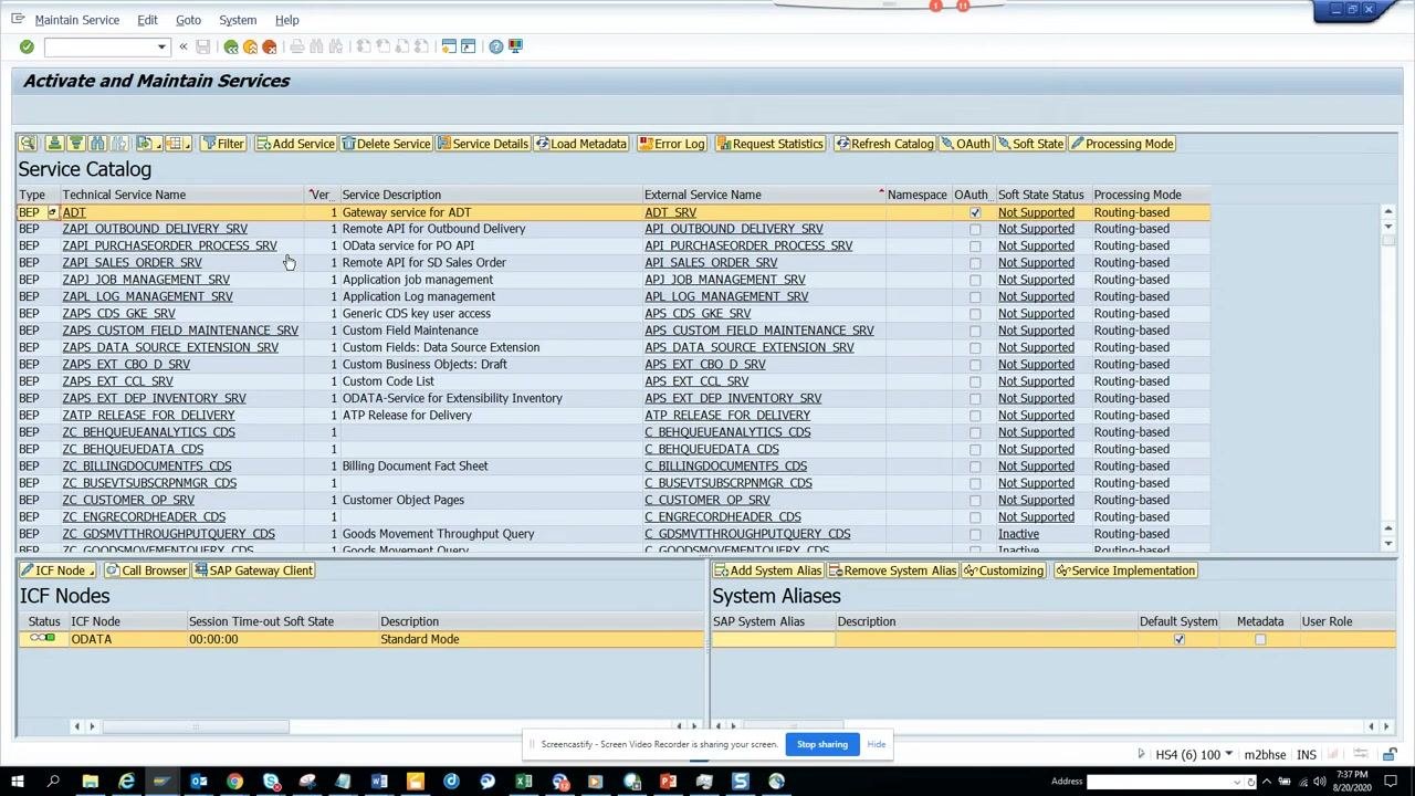 SAP GUI Activate and Maintain Services screen, Service Catalog with OData services listed, search in progress