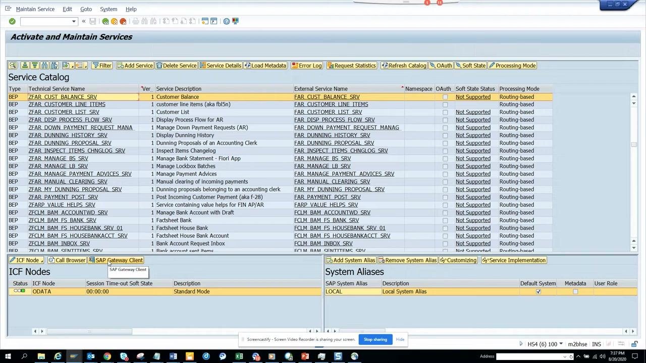 SAP GUI Service Catalog with ZFAR_CUST_BALANCE_SRV selected and the "SAP Gateway Client" button visible