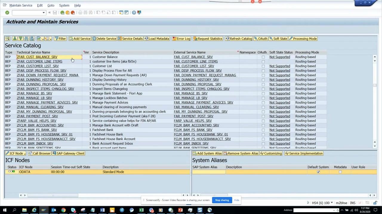 SAP Gateway Client window with the "Service Implementation" button highlighted, showing the OData service URI