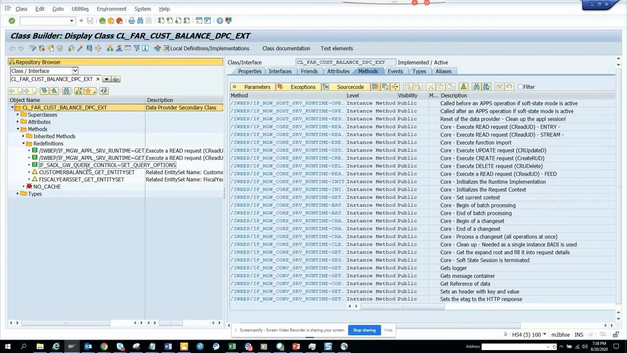 Class Builder showing CL_FAR_CUST_BALANCE_DPC_EXT with Methods expanded and the SET_QUERY_OPTIONS method selected and visible