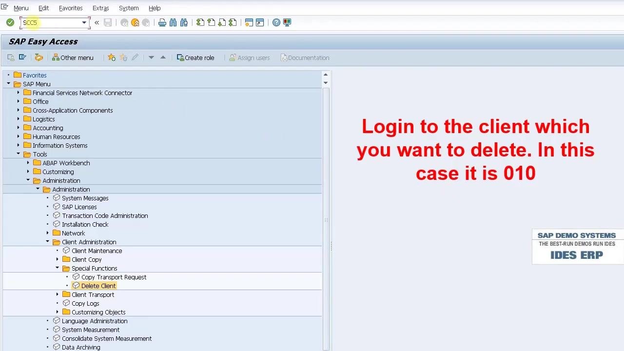 SAP Easy Access screen with instruction to log in to client 010, transaction code SCC5 entered, and navigation menu visible