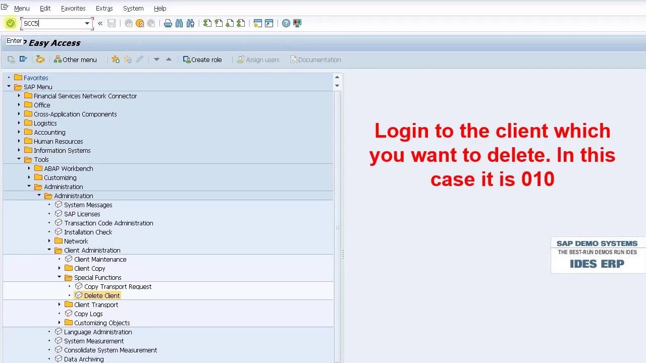 SAP Easy Access screen with navigation expanded to Special Functions > Delete Client, instruction to log in to client 010