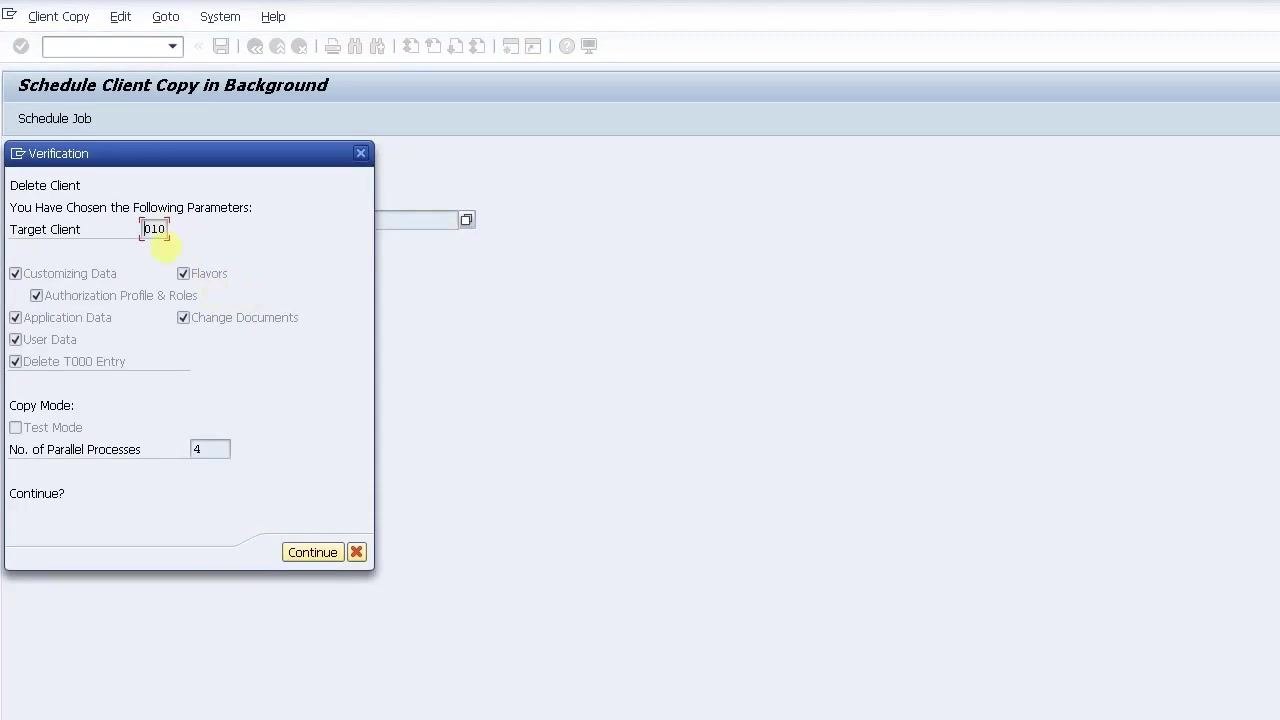 Schedule Client Copy in Background screen with 'Immediately' and 'No Printer Dialog' checked