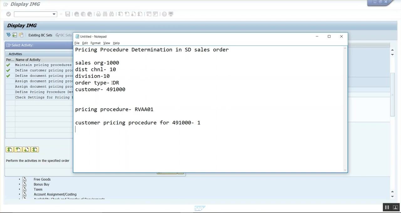 SAP IMG 'Select Activity' dialog with pricing procedure activities listed