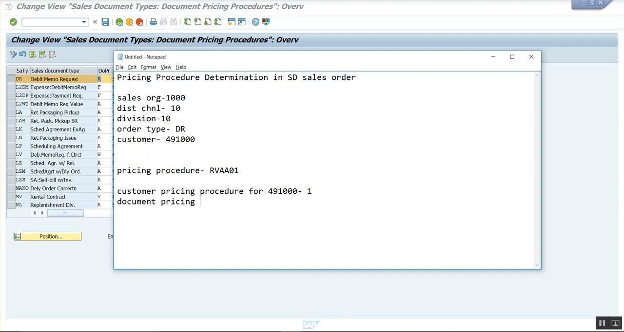 Change View 'Sales Document Types: Document Pricing Procedures': Overview with DR (Debit Memo Request) and procedure A Standard highlighted