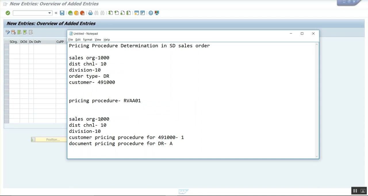 Notepad with all required values for pricing procedure determination entry