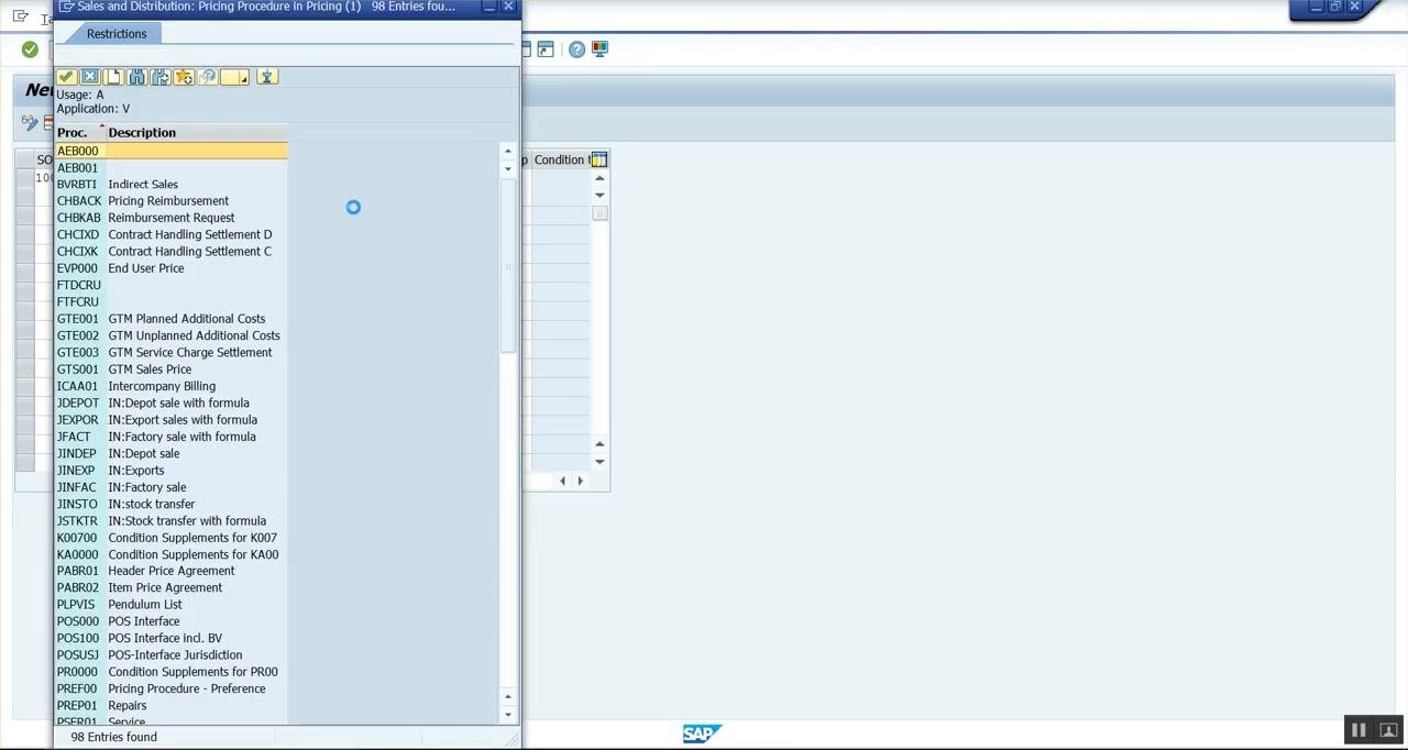 SAP entry screen with notepad showing values for new pricing procedure determination
