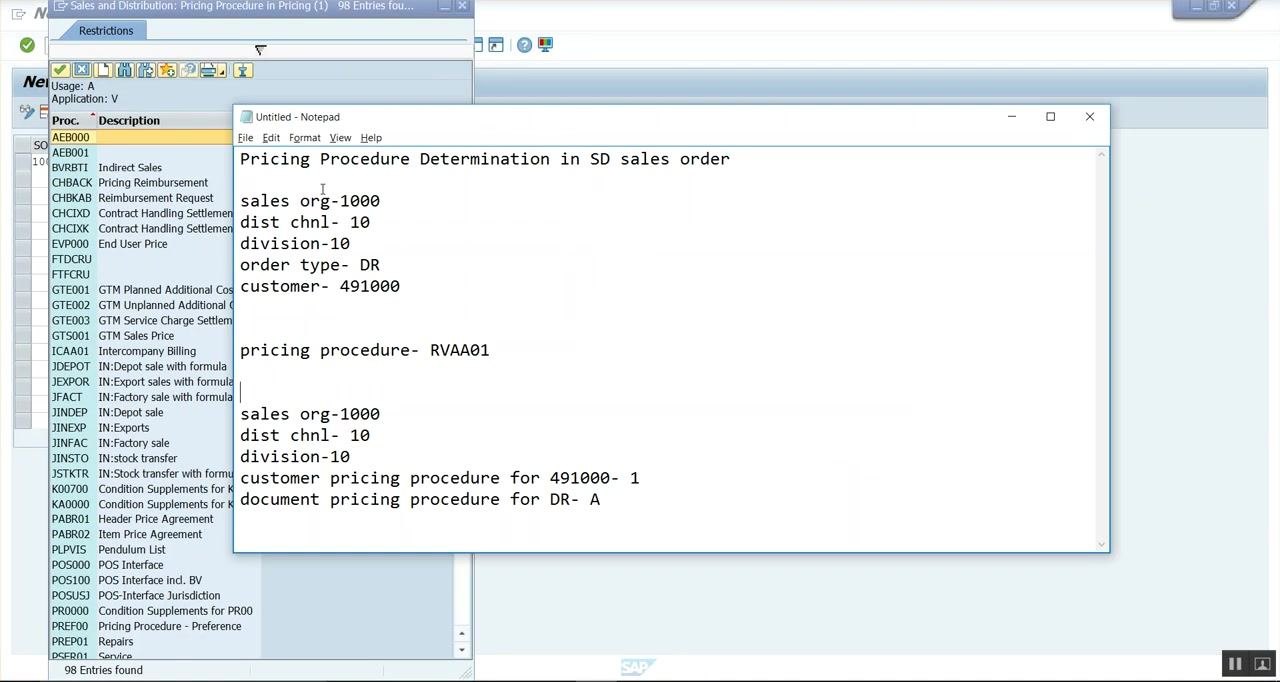 SAP pricing procedure selection dialog with list of available procedures