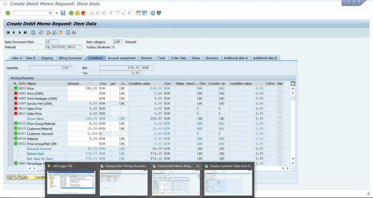 SAP "Create Debit Memo Request: Overview" screen with Sold-To Party dropdown open, showing customer 491000 selected.