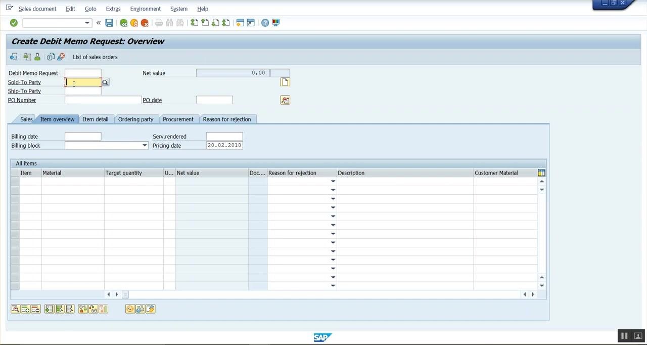 Create Sales Order: Initial Screen with Order Type DR and organizational data filled in