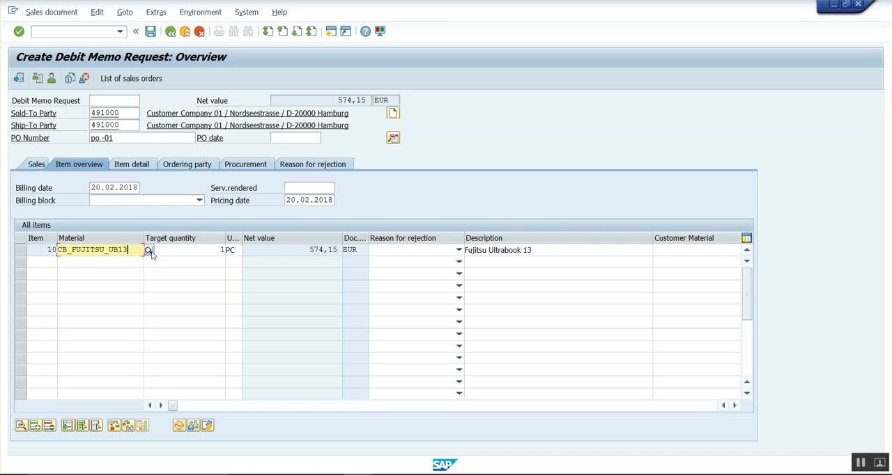 SAP "Create Debit Memo Request: Overview" screen showing item details for CB_FUJITSU_UB13, including net value and description.