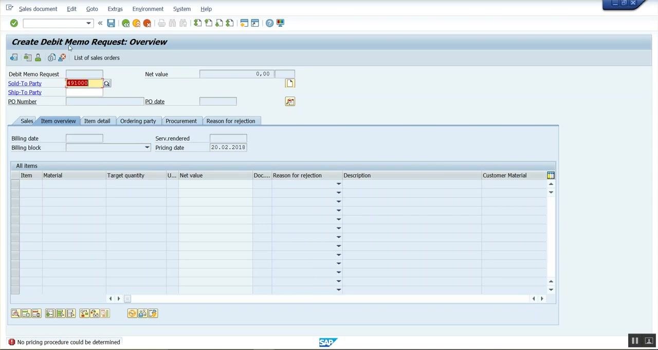 Create Debit Memo Request: Overview screen showing error message "No pricing procedure could be determined"