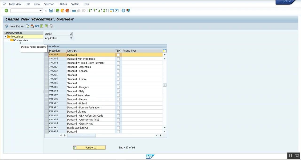 SAP "Change View 'Procedures': Overview" screen showing the list of pricing procedures, with RVAA01 (Standard) highlighted