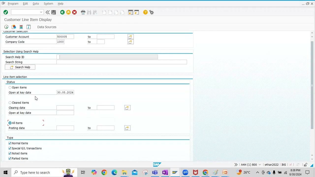 Line item selection section with open, cleared, and all items options visible
