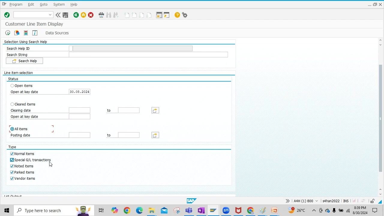 Type section with checkboxes for normal items, special G/L transactions, noted items, parked items, and vendor items