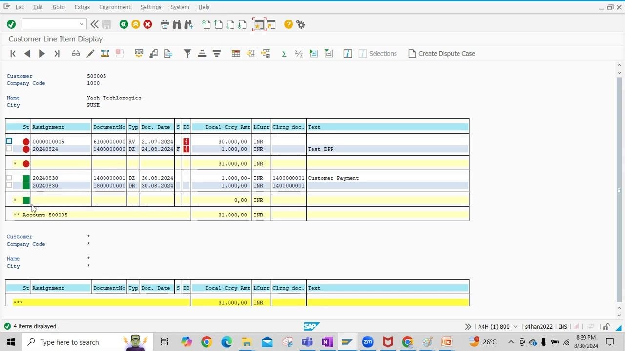 Customer Line Item Display results showing open and cleared items, with overdue indicators