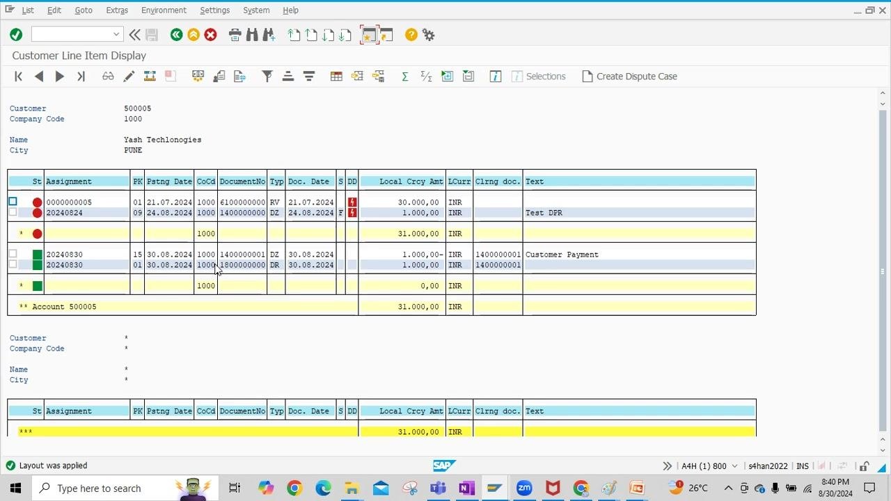 Change Layout dialog open, with Posting Key, Posting Date, and Company Code selected to add to the display