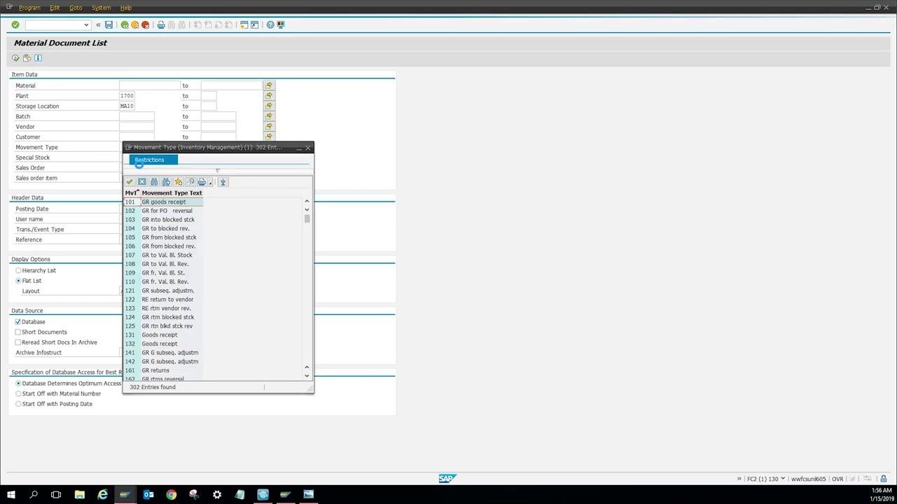 Material Document List screen with storage location selection popup showing MA10 highlighted