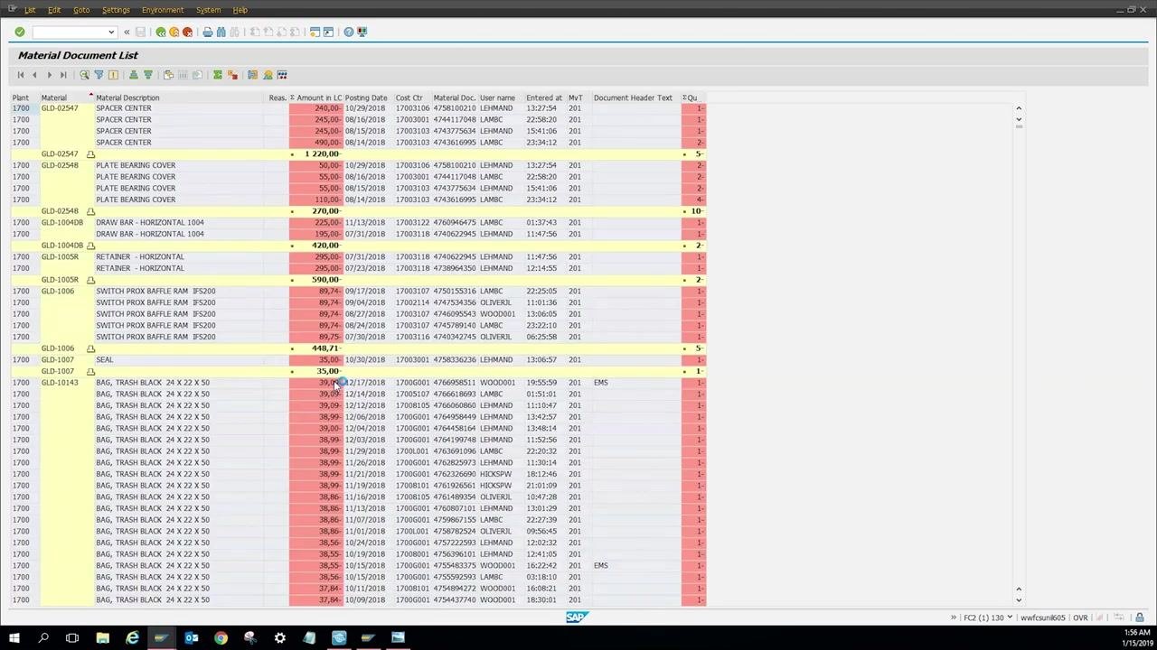 Material Document List screen with all fields filled: Plant 1700, Storage Location MA10, Movement Type 201, Posting Date 01/01/2018 to 12/30/2018