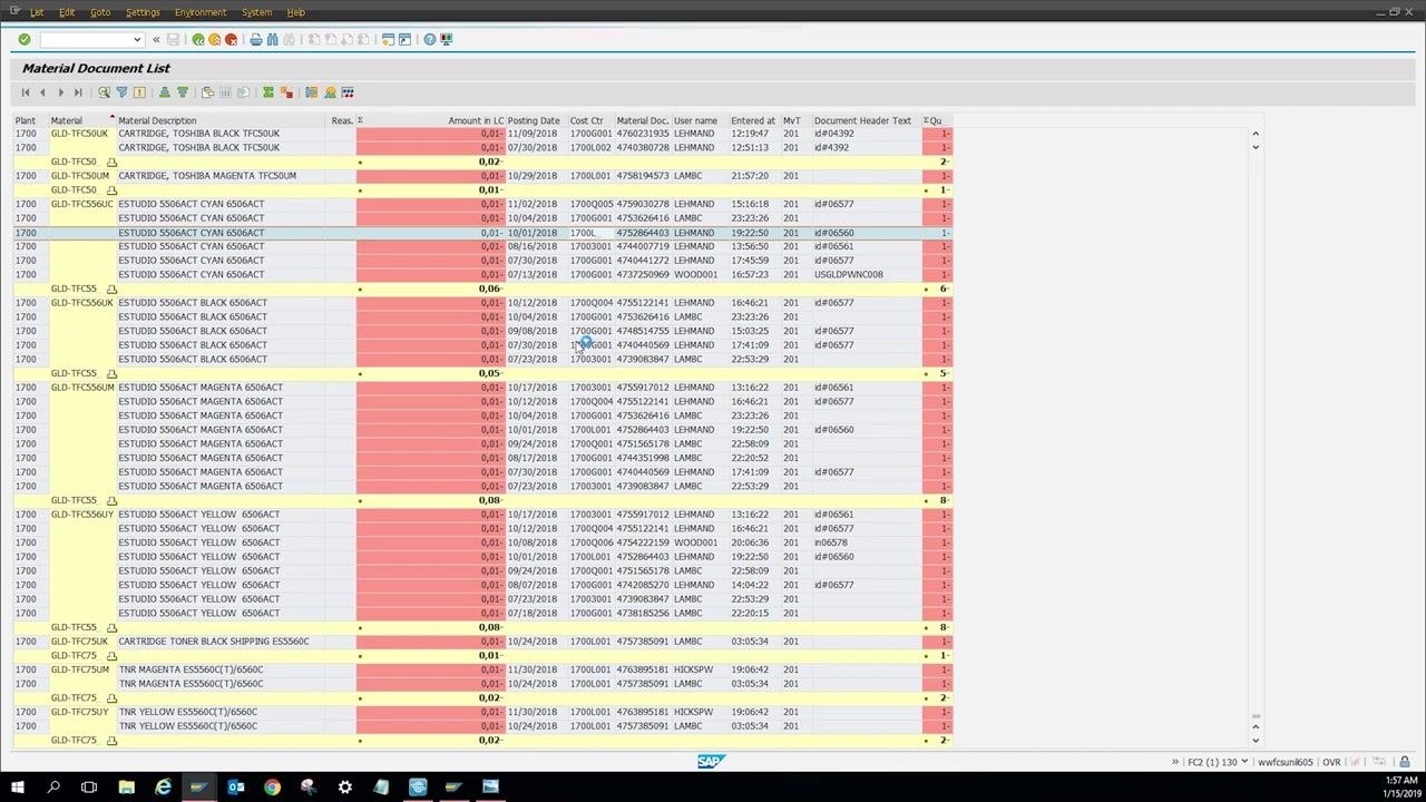Material Document List screen showing the bottom of the report with yearly totals highlighted in yellow, including total amount spent and summary lines