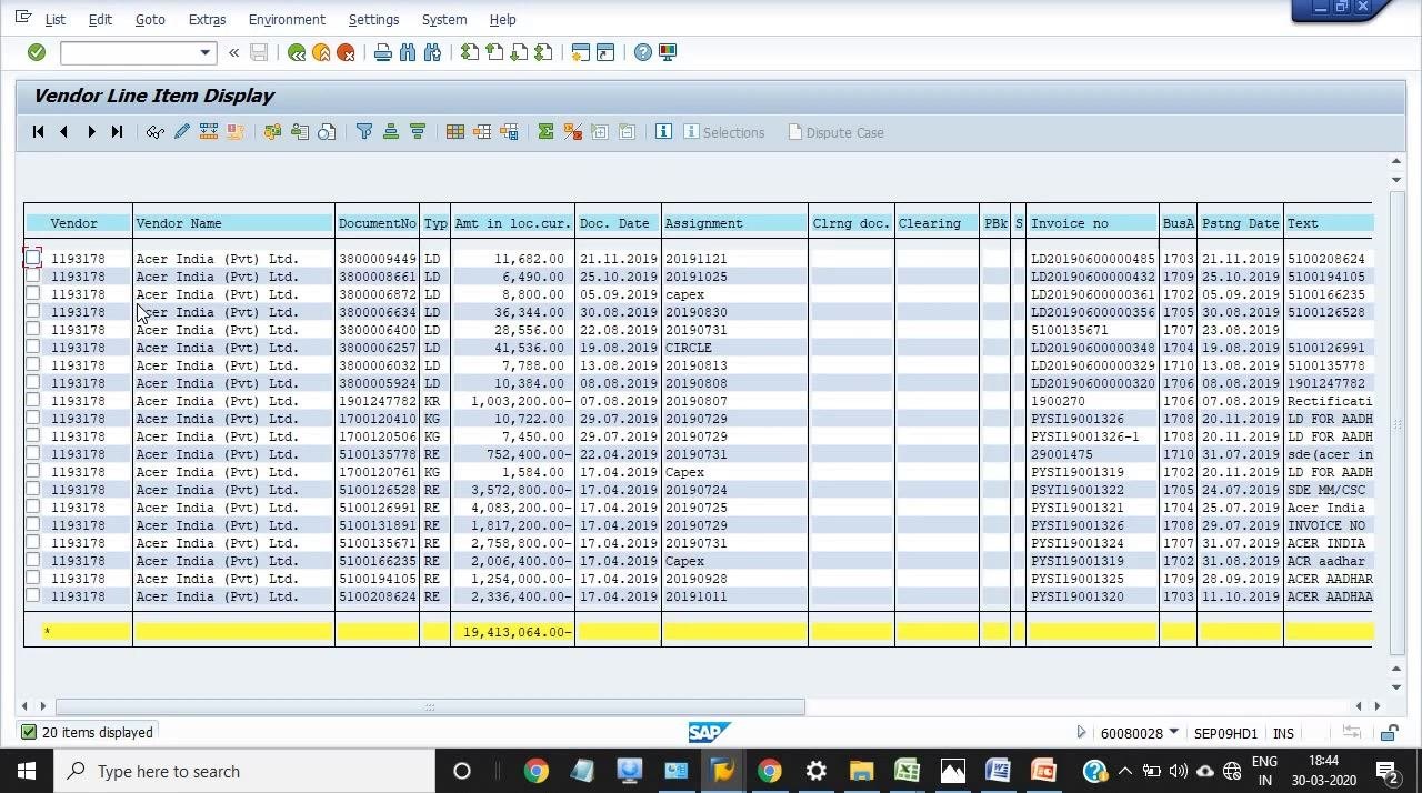 SAP Vendor Line Item Display screen with Vendor account 1193178, Company code 1100, Circle Code 1017, and Open items selected at key date 30.03.2020, along with several dynamic selection fields.