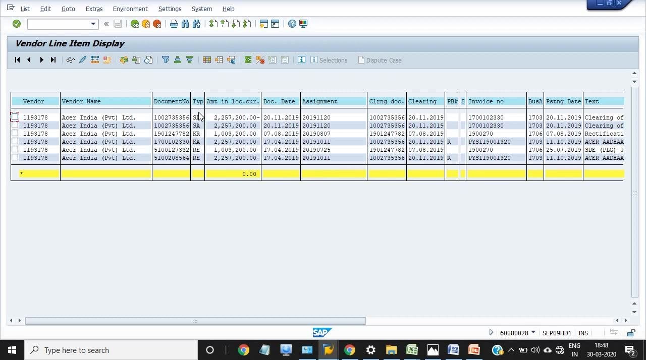 Vendor Line Item Display showing clearing and posting dates used to determine payment status.