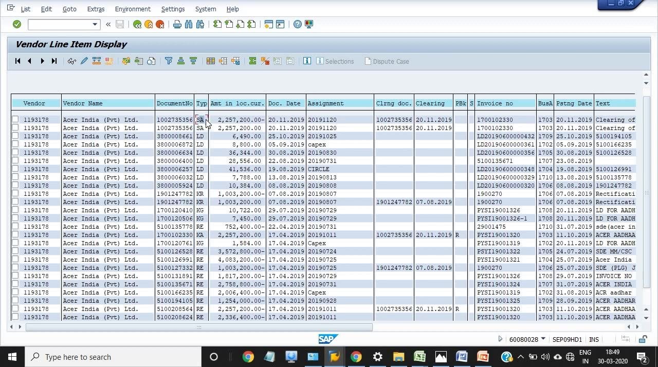 Vendor Line Item Display with extended columns showing User Name, Offset account, Period, Year/month, and Document Header Text, including "LD CHARGES 1% FOR DELAY".