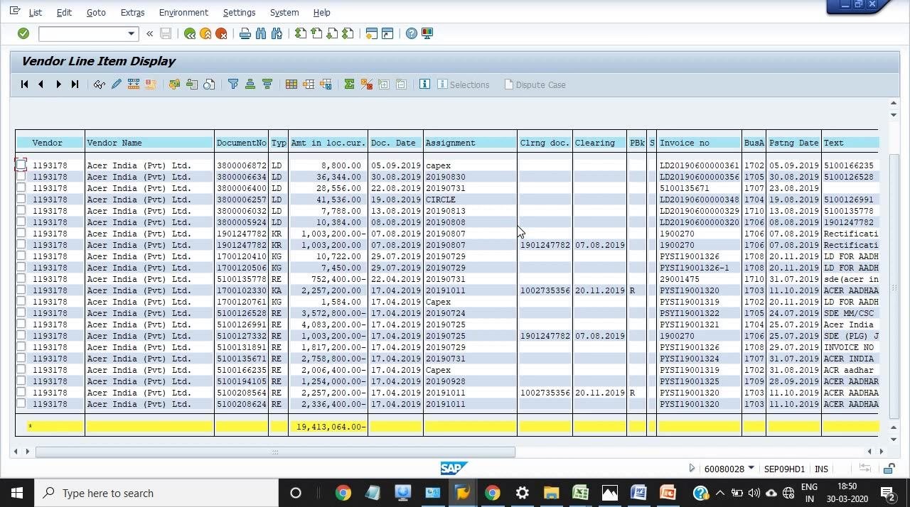 Vendor Line Item Display with the "Document Header Text" column highlighted, showing "LD CHARGES 1% FOR DELAY" for a liquidity damage charge.