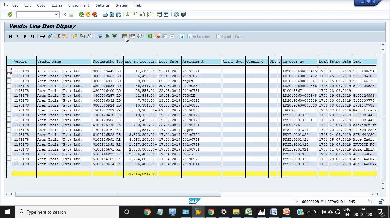 Change Layout dialog in SAP, showing "G/L Account" being moved from Hidden Fields to Displayed Columns.