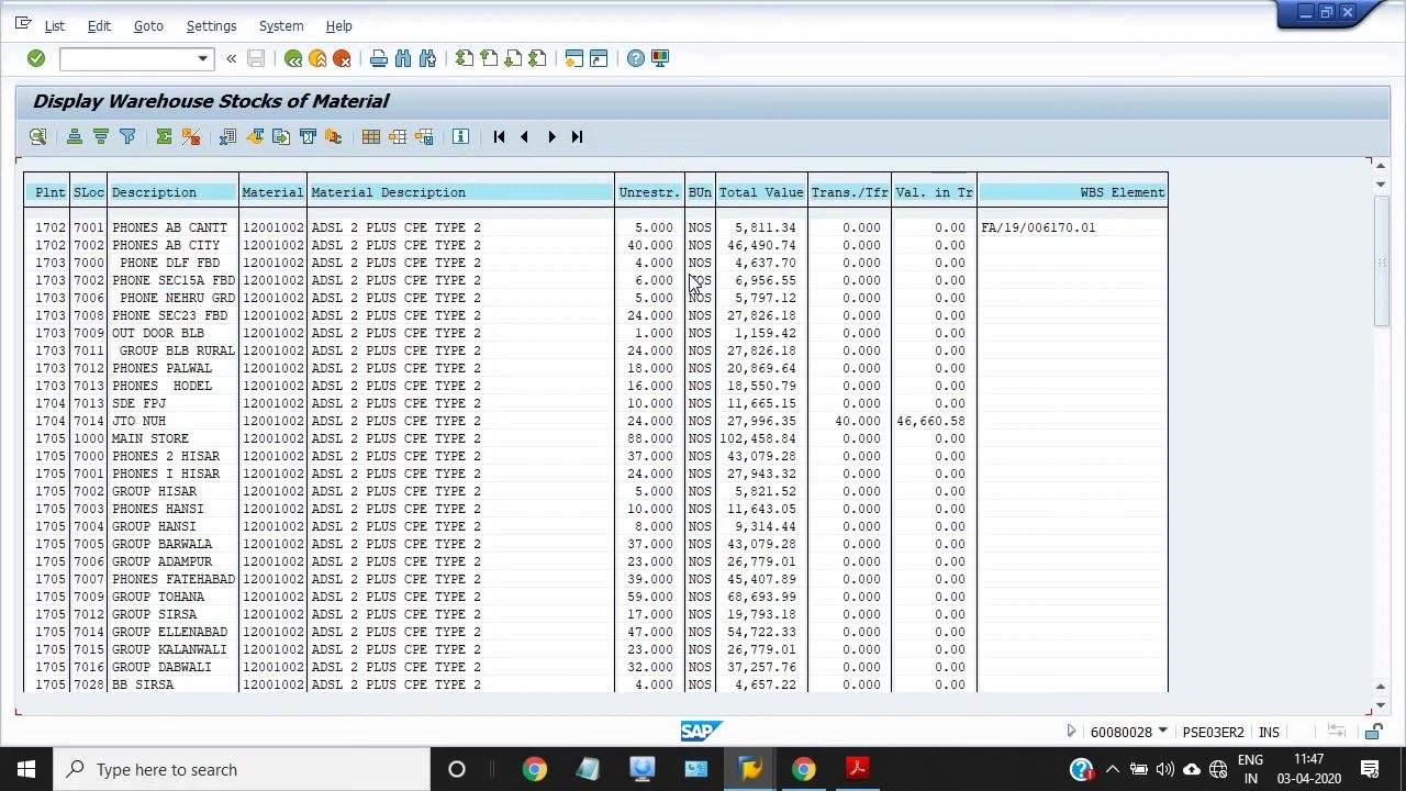Material and plant codes entered in the Display Warehouse Stocks of Material input screen