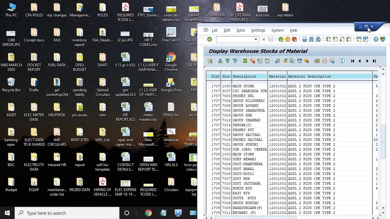 Desktop view of the SAP report window showing separated stock data for different modem types