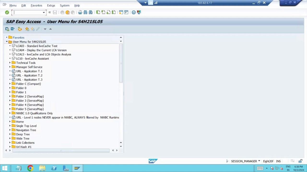 SAP Easy Access screen with the user menu and navigation tree visible