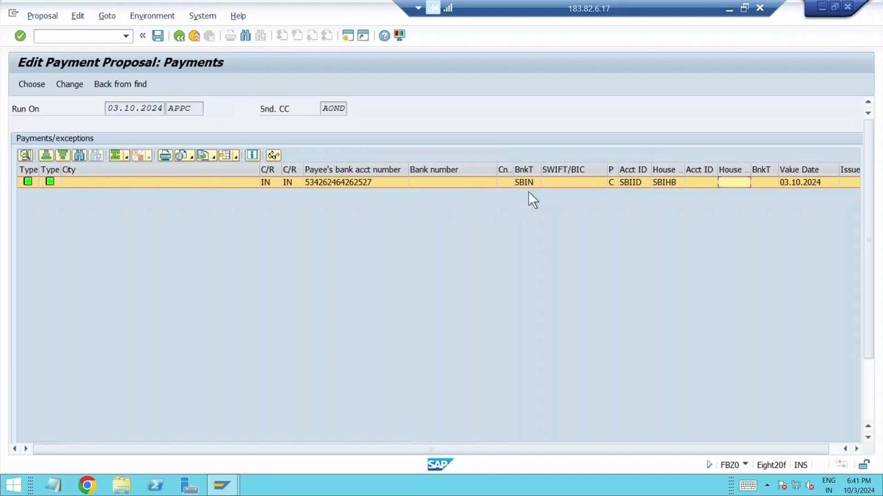 Edit Payment Proposal screen showing payment details including bank key SBIN, account ID SBIID, house bank SBIHB, and value date 03.10.2024
