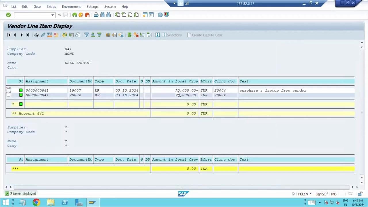 Command field with /nFBL1N entered to check vendor line items