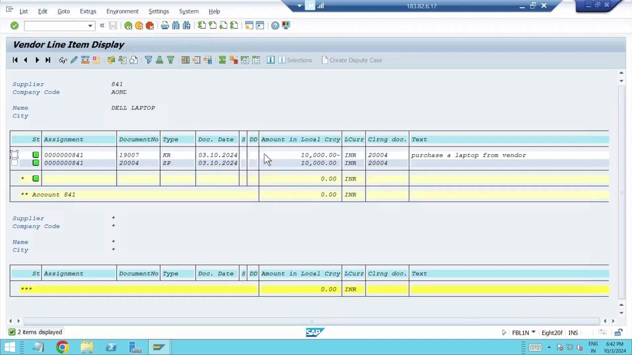 Vendor Line Item Display showing both KR and ZP documents for vendor 841, each for 10,000.00 INR, with clearing document and text