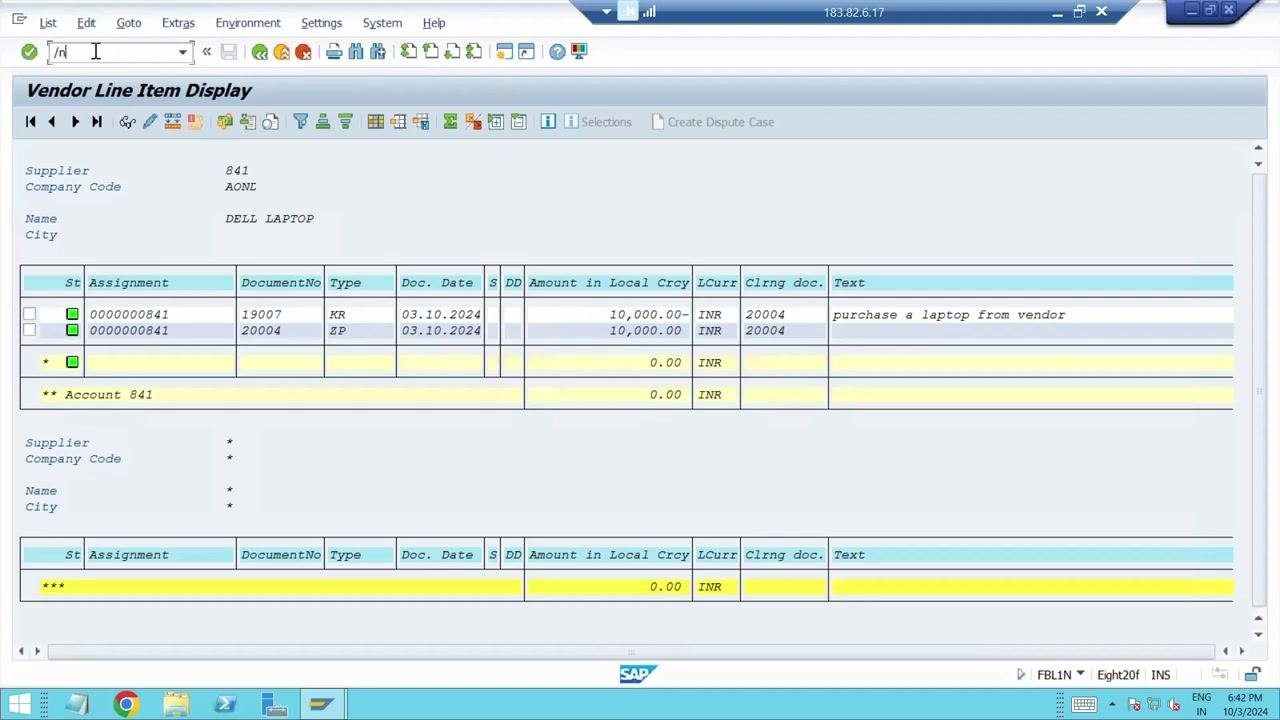 Vendor Line Item Display confirming both documents are cleared and no open items remain