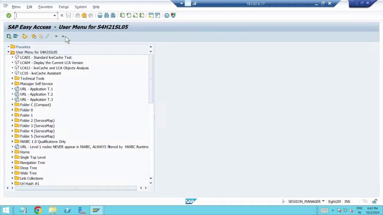 SAP Easy Access screen showing User Menu for S4H21SL05, favorites, technical tools, and navigation tree with no active transactions open