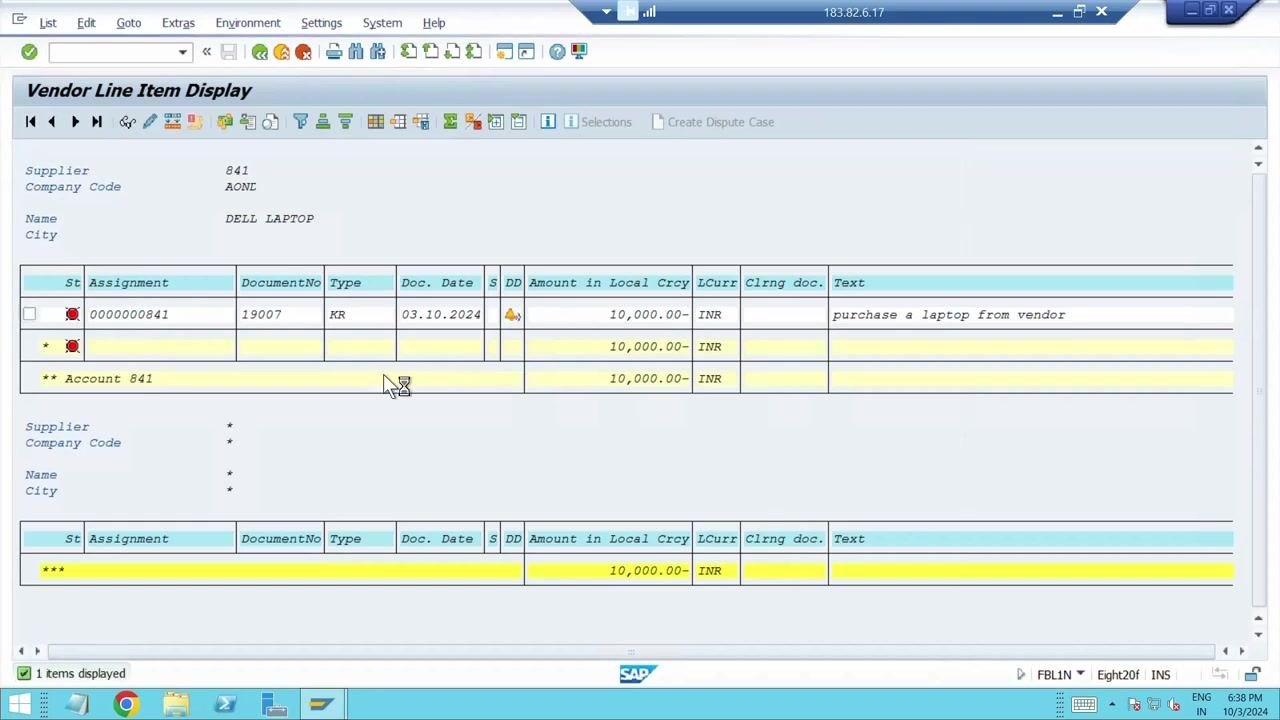 Command field with "fbl1n" entered, ready to display vendor line items